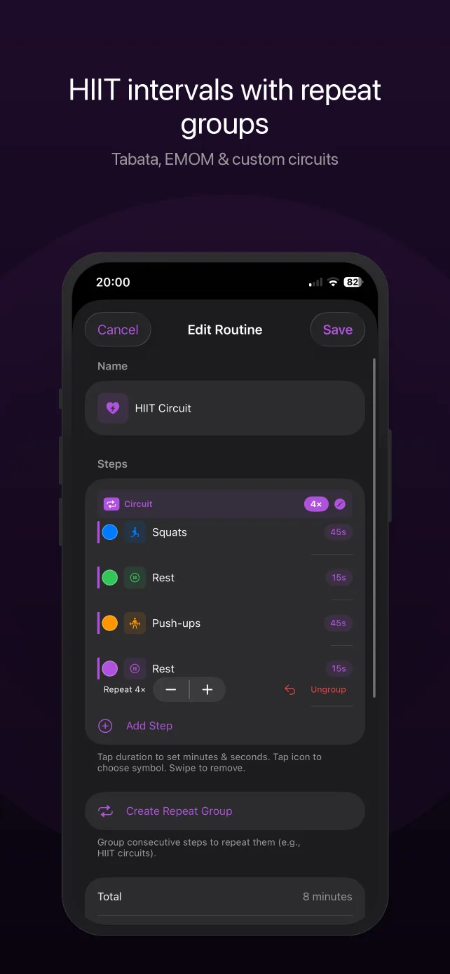 A HIIT routine running in Rouse with repeat groups and round announcements