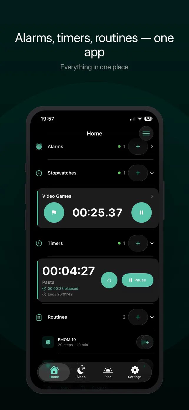 Rouse Home tab showing alarms, timers, stopwatches, and routines